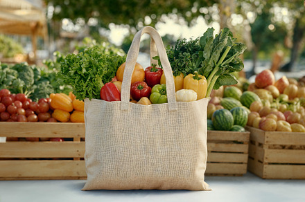 Fresh vegetables in reusable bag at market., a Food & Drink Photo by OSORIOartist