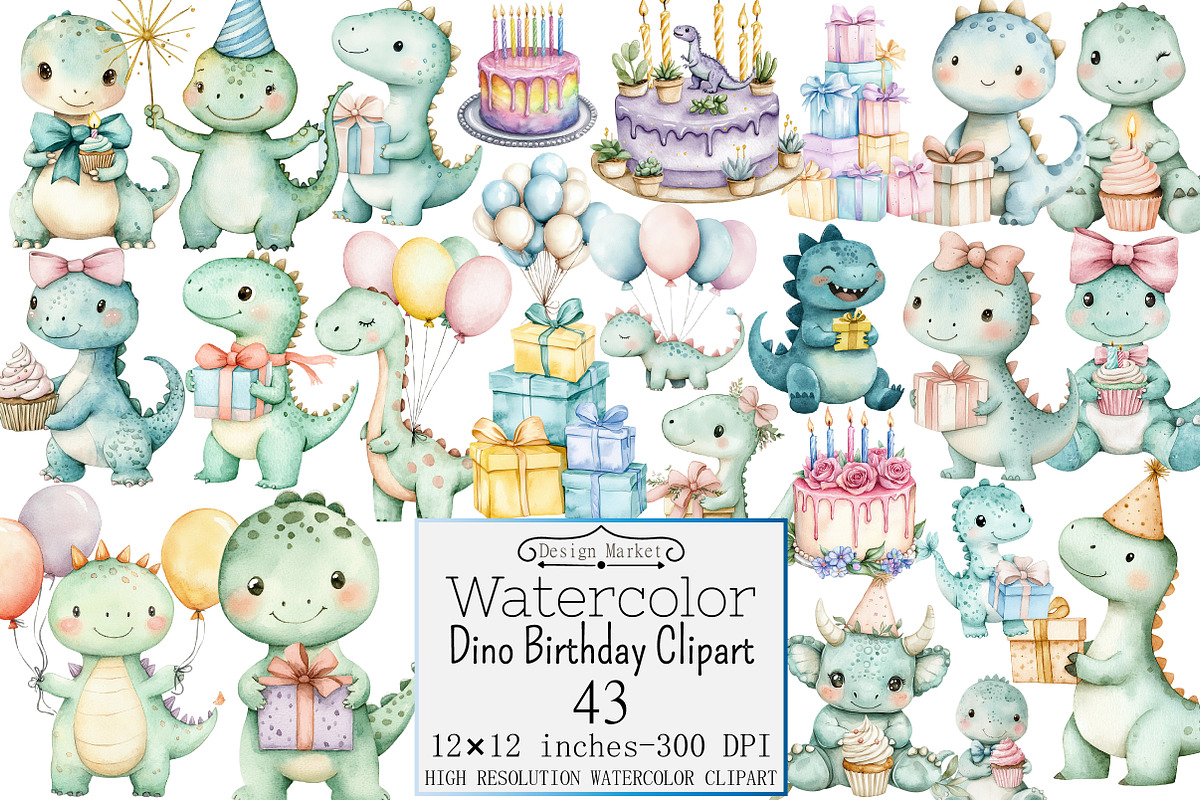 Watercolor Dino Birthday Clipart, a Seasonal Illustration by Design Market (Photo 1 of 5)