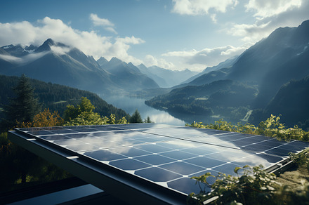 Solar panels installed in a beautiful remote area with mountains, a Technology Photo by Studio Light & Shade