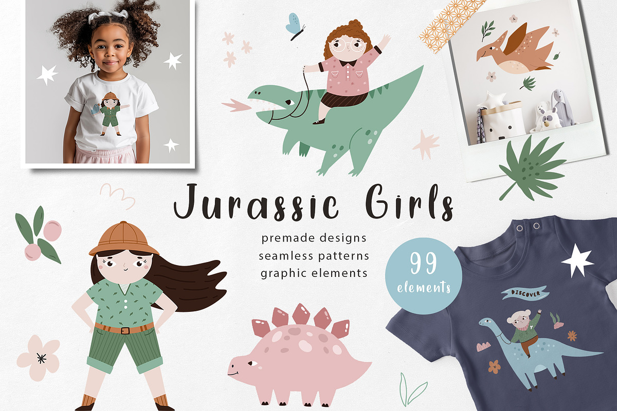 Cute Girl Explorers & Funny Dinos, an Illustration by danceyourlife (Photo 1 of 11)