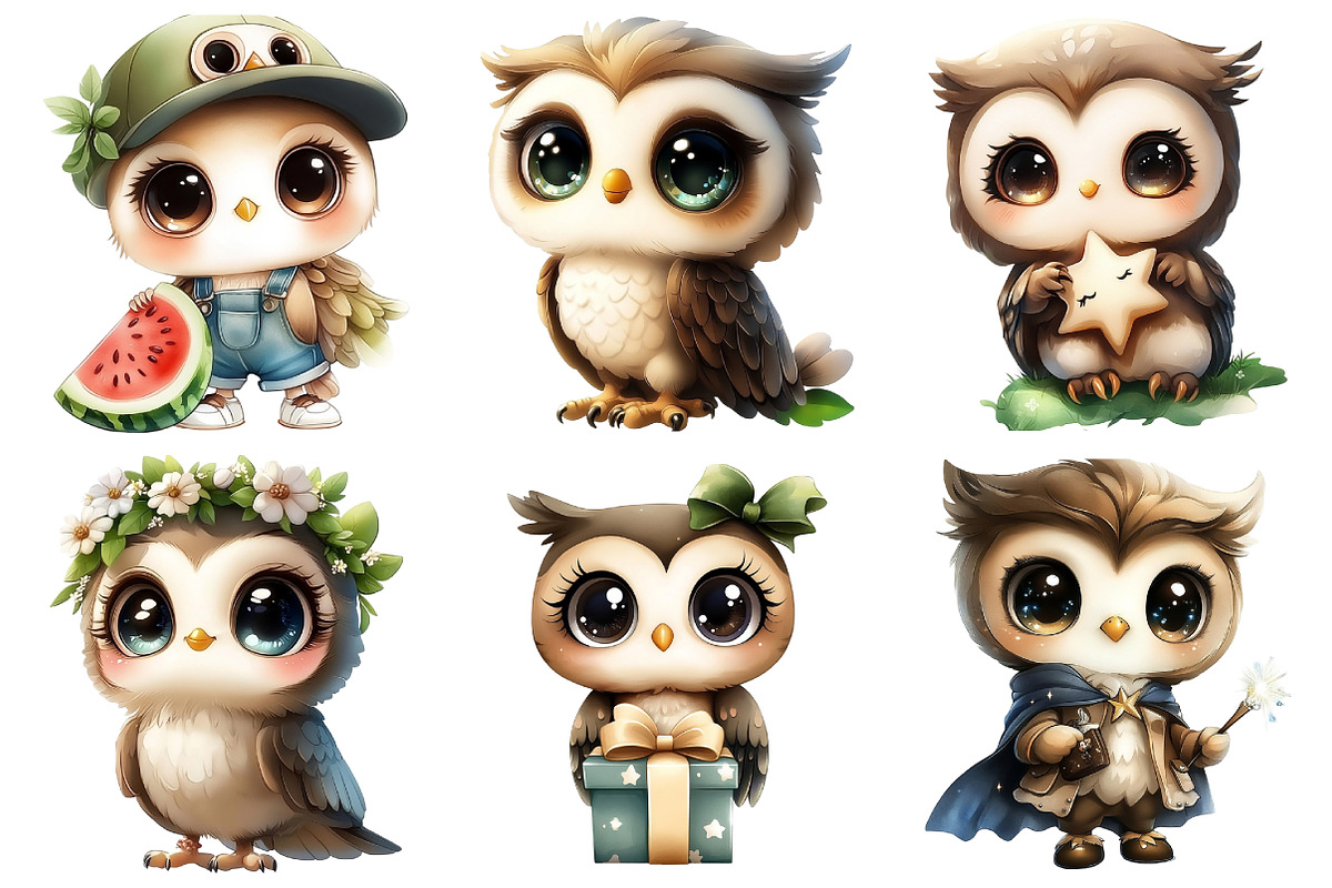 Watercolor Kawaii Owl Clipart, an Illustration by Daily.Designs (Photo 3 of 5)