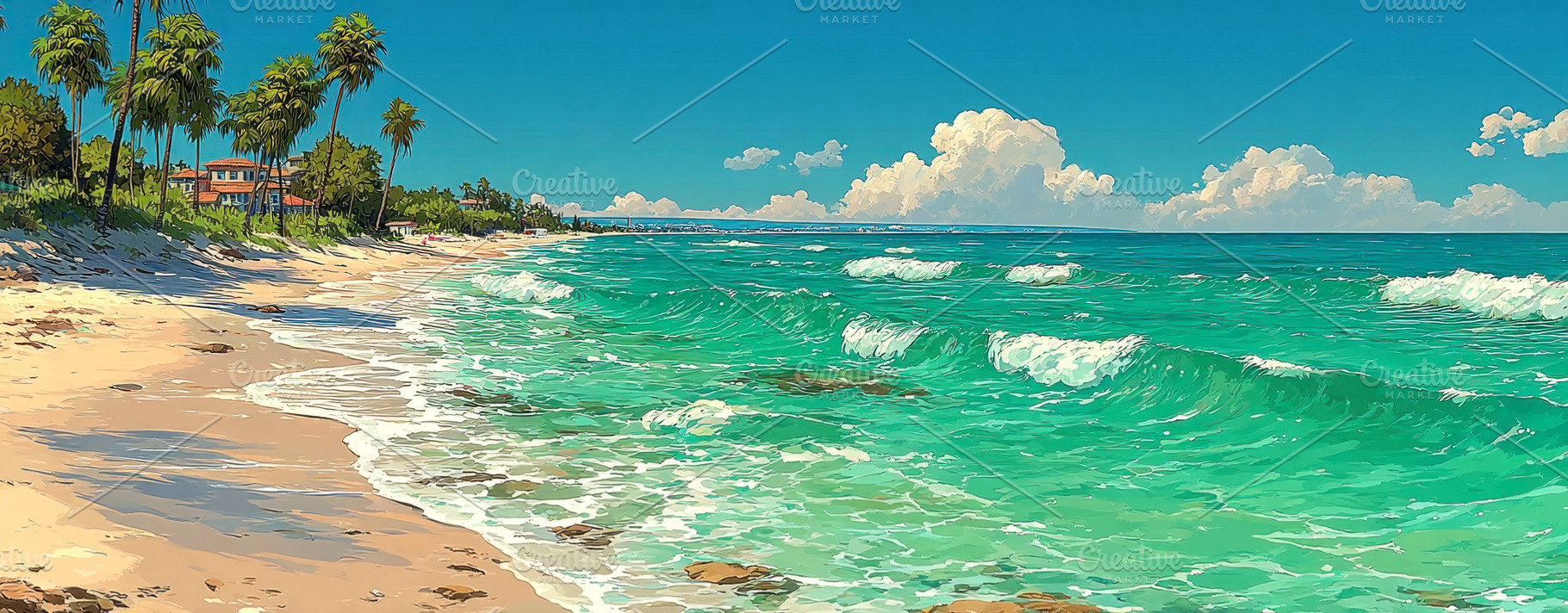 Vibrant tropical beach illustration with turquoise ocean waves p, a Person Photo by José Manuel Gelpi