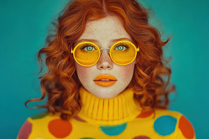 Stylish young woman with red curly hair wearing yellow sunglasse, a Photo by José Manuel Gelpi