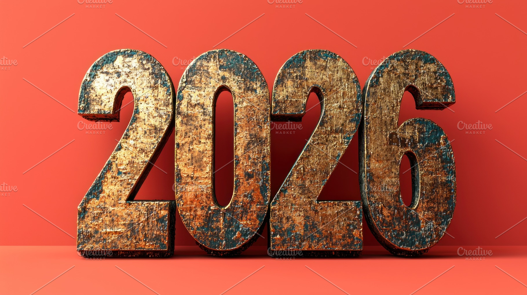 Rustic metallic 2026 numbers with weathered texture on bright re, a Background Photo by José Manuel Gelpi