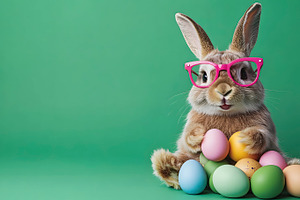 cute bunny with some easter eggs, generative AI, a Photo by Nito