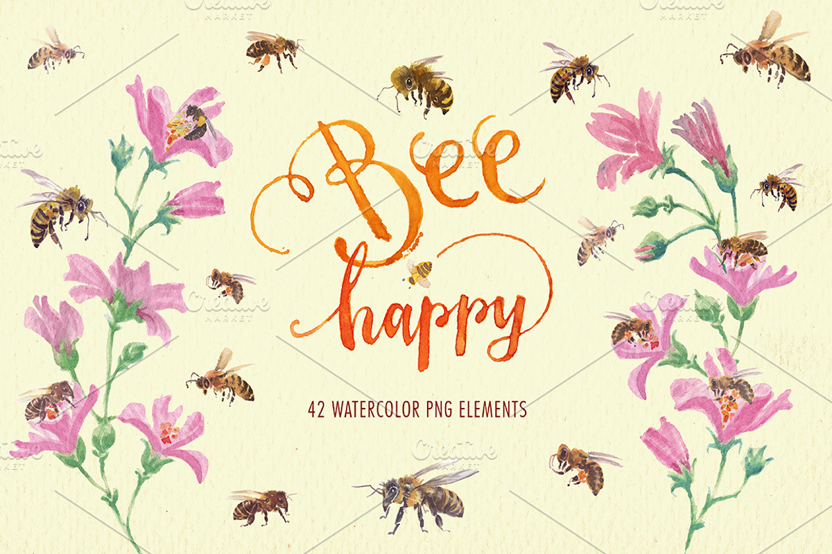 Watercolor happy bee clipart set, an Illustration by Art & Things (Photo 5 of 6)