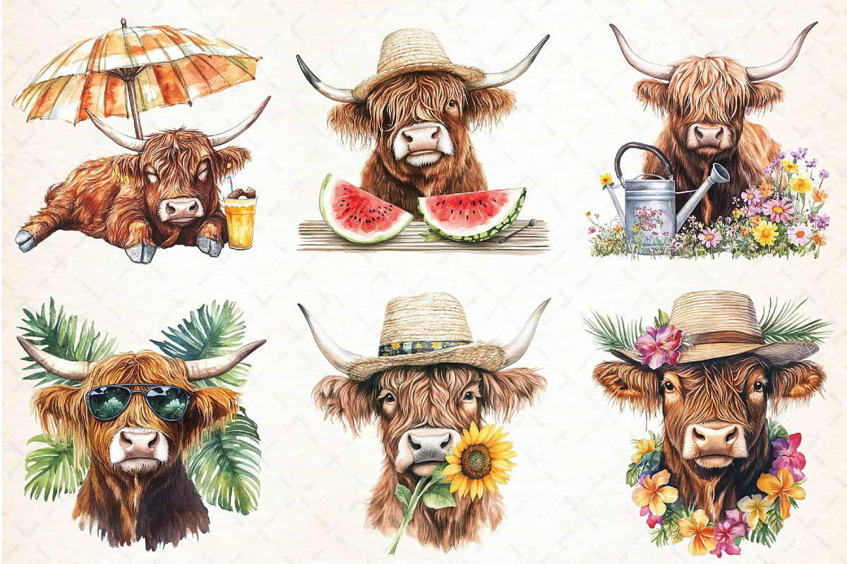 Watercolor Summer Highland Cow, an Illustration by DreamCafeArt (Photo 2 of 8)