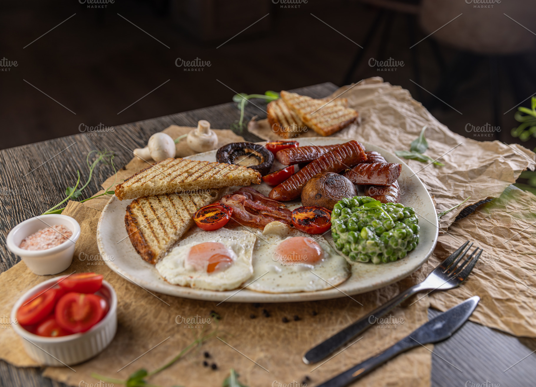 English breakfast served on restaurant table, a Photo by Grafvision photography