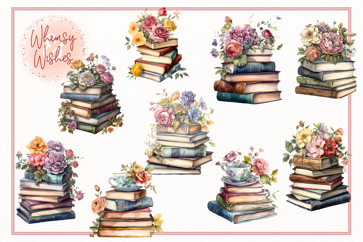 Vintage Books Watercolor Clip Art, a Decorative Illustration by Whimsy & Wishes (Photo 2 of 3)
