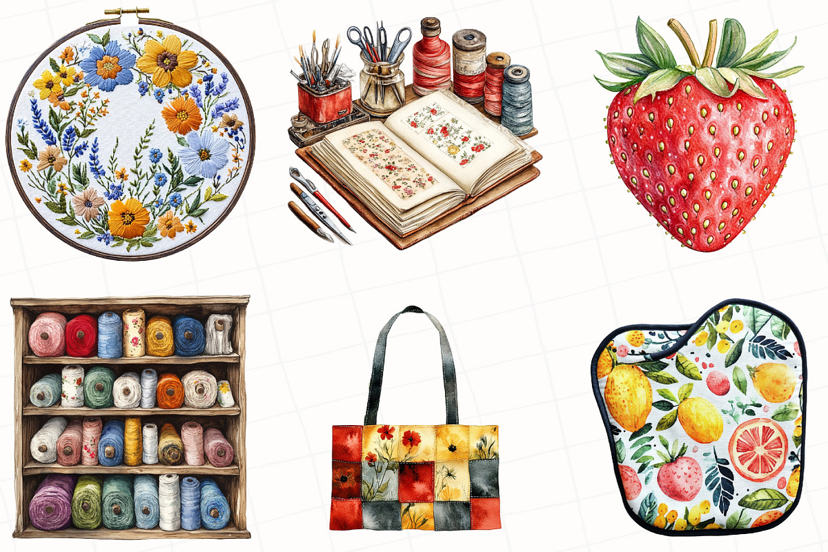 Watercolor Summer Sewing Clipart, an Illustration by OK Design (Photo 2 of 5)