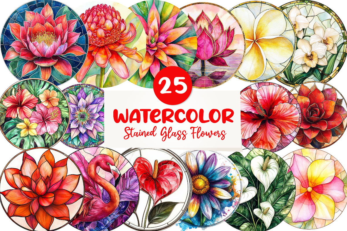 Round Stained Glass Tropical Flowers, an Illustration by CreationArt (Photo 1 of 4)