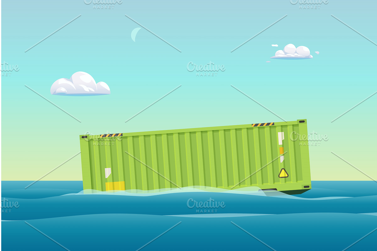 Green cargo container floating on, a Transportation Illustration by IfH