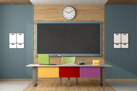 Colorful classroom without students with blackboard and teacher's desk, a School & Education Photo by Archideaphoto