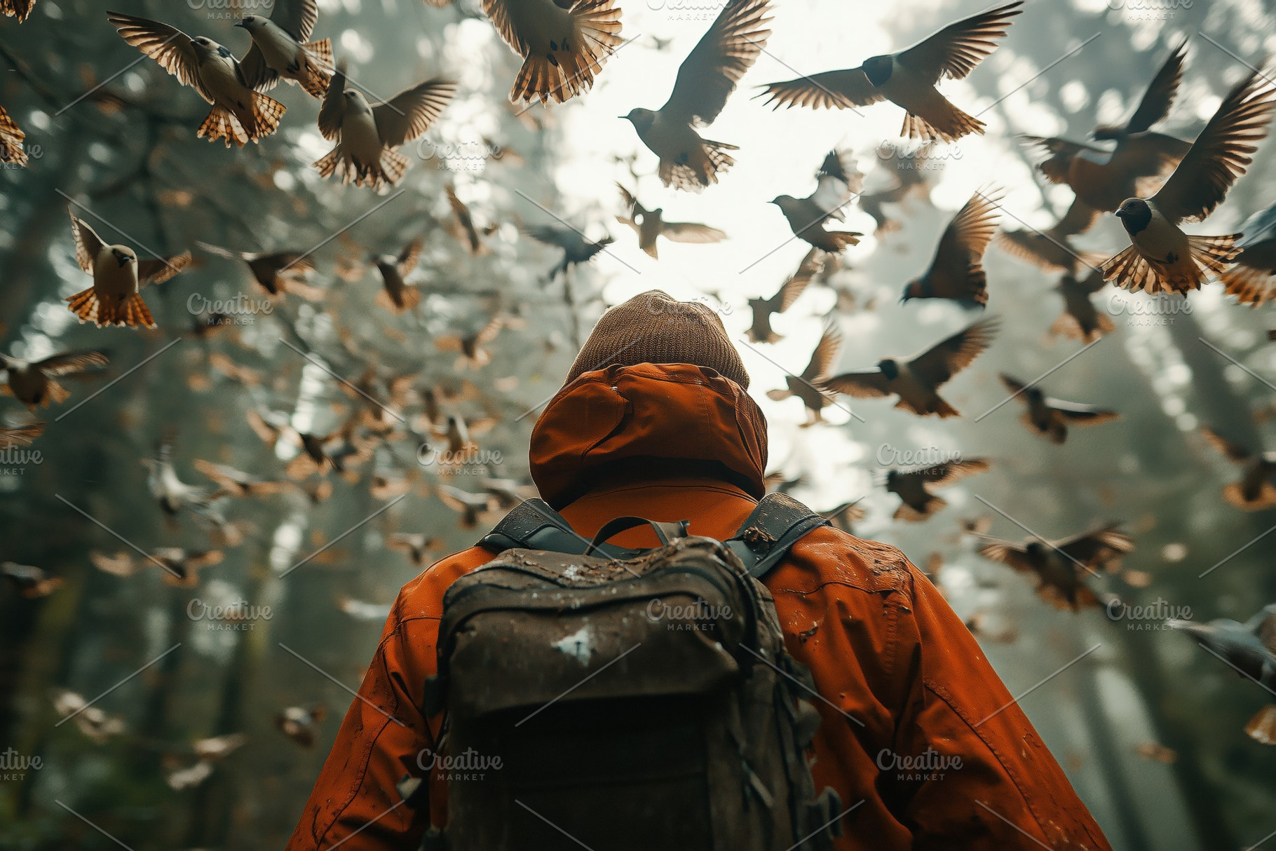 A ornithologist person in an orange jacket stands in a misty forest, surrounded, a Person Photo by Textures & Backgrounds