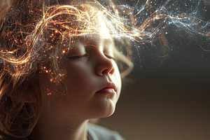 Close-up of a child with eyes closed, glowing abstract lights sw, an Abstract Photo by Ales Munt
