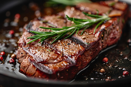 Juicy grilled steak garnished with f, a Photo by Tanuart
