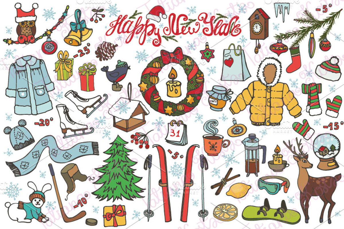 New year season.Doodle elements, an Illustration by Tatianakost49 (Photo 1 of 2)