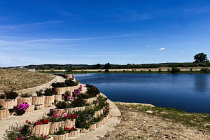 Terraced gardens by a scenic river under a clear blue sky, a Photo by AS photostudio