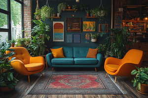 Cozy living room with colorful furni, a Photo by Tanuart