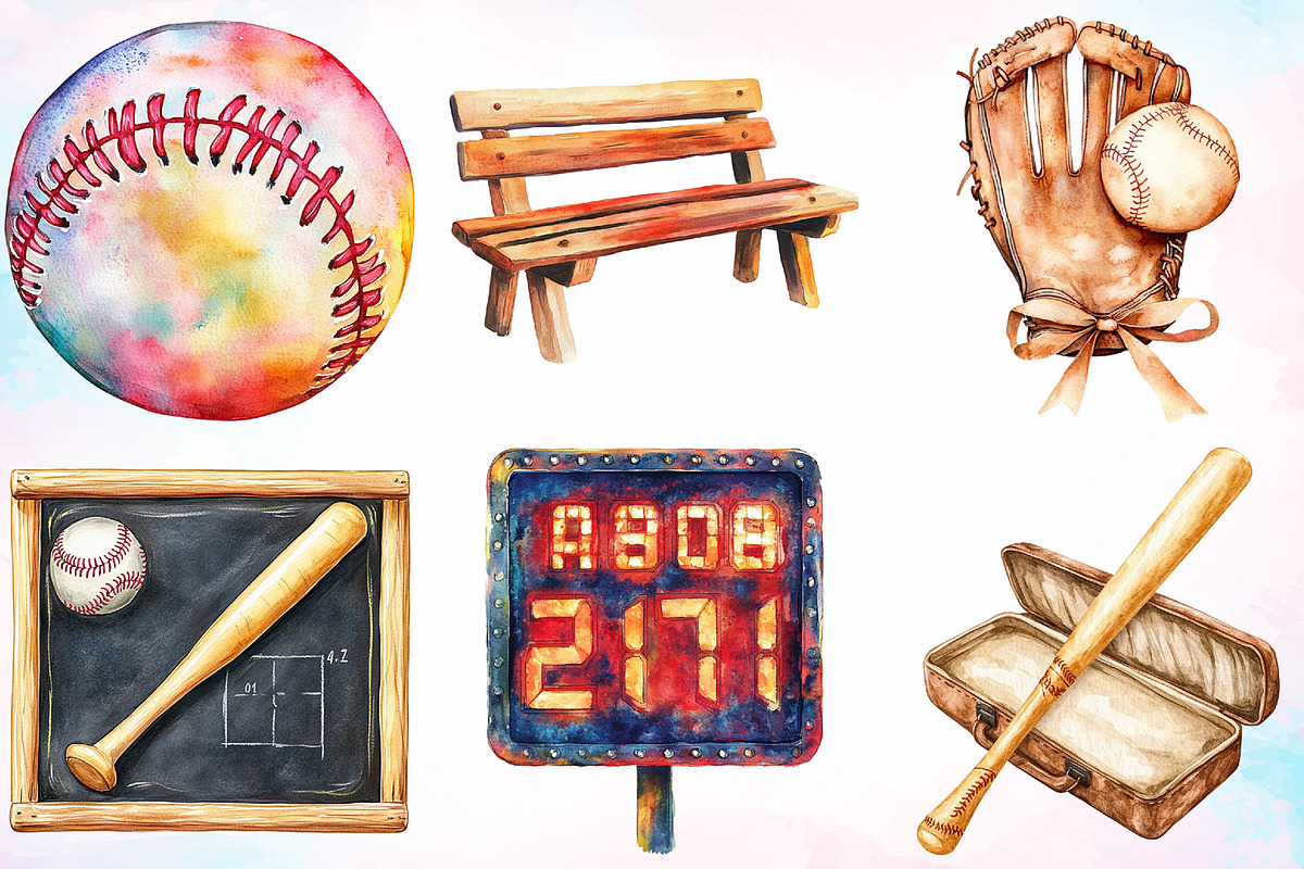 Watercolor Vintage Softball Clipart, a Seasonal Illustration by Canvas Craft (Photo 3 of 3)
