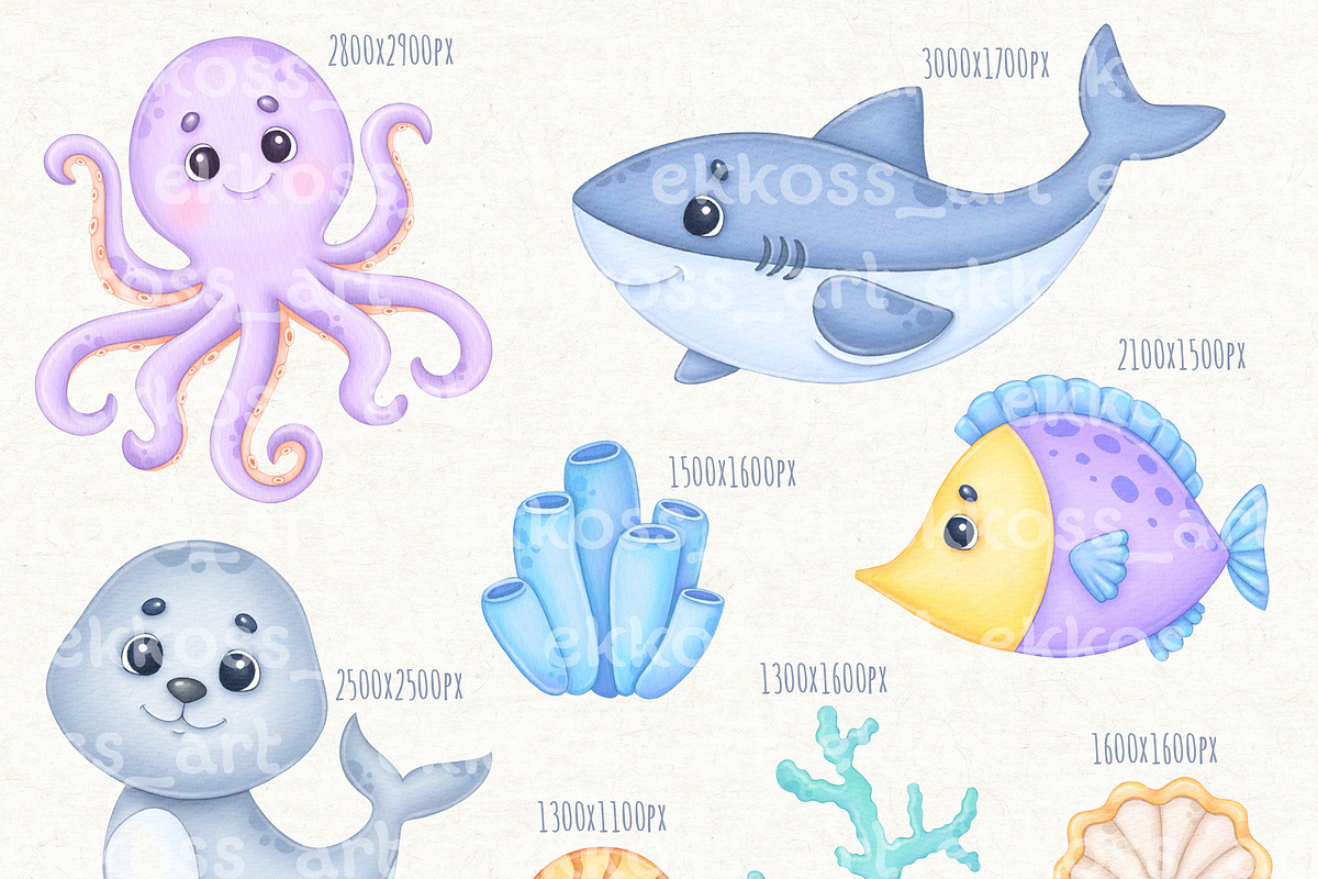 Sea Animals Clipart, Ocean Clipart, an Animal Illustration by ekossa_art (Photo 3 of 6)