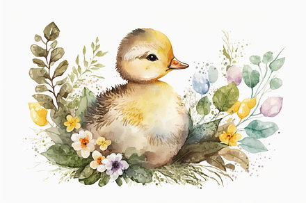 Watercolor Easter Spring Baby Duck