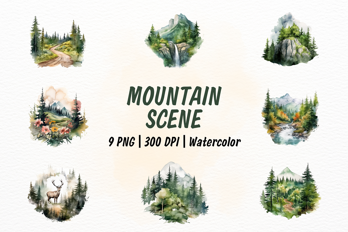 Mountain Scene Watercolor Clipart, a Wallpaper Graphic by New-School-Wave (Photo 1 of 5)