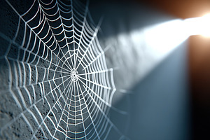 Intricate web glistens in sunlight within a dimly lit room, an Arts & Entertainment Photo by AlyaAnd