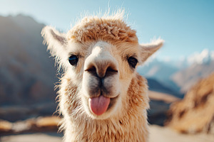 Llama playfully sticking its tongue out at the camera in a scenic mountain land, an Animal Photo by AlyaAnd