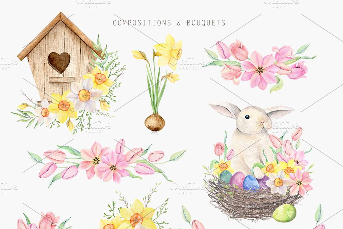 Spring flower, Easter set Watercolor, an Animal Illustration by Daryartsy (Photo 2 of 12)