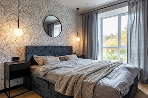 Modern cozy bedroom interior with