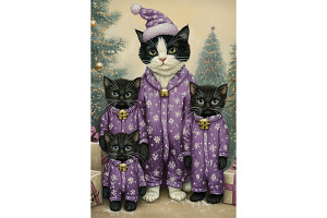 Purple Pajama Cats Winter Poster, an Animal Illustration by Art Paradise Studios