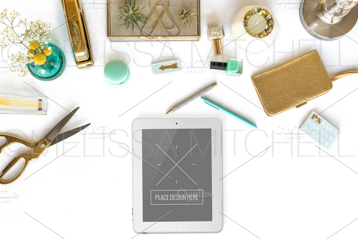 Aqua & Gold Styled Desktop Mockup #5, an iPhone Mockup by MMStyledStock (Photo 3 of 3)