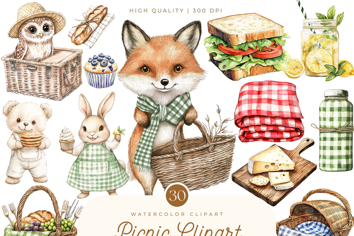 Watercolor Picnic Clipart Bundle, an Animal Illustration by SparkyDesignsUS (Photo 1 of 9)