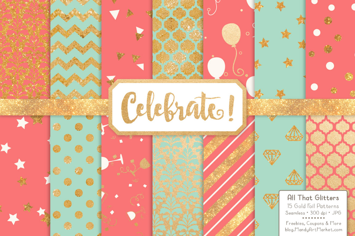Mint & Coral Gold Foil Digital Paper, a Pattern Graphic by Amanda Ilkov (Photo 1 of 4)