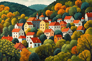 Colorful autumn village nestled in g, a Photo by Tanuart