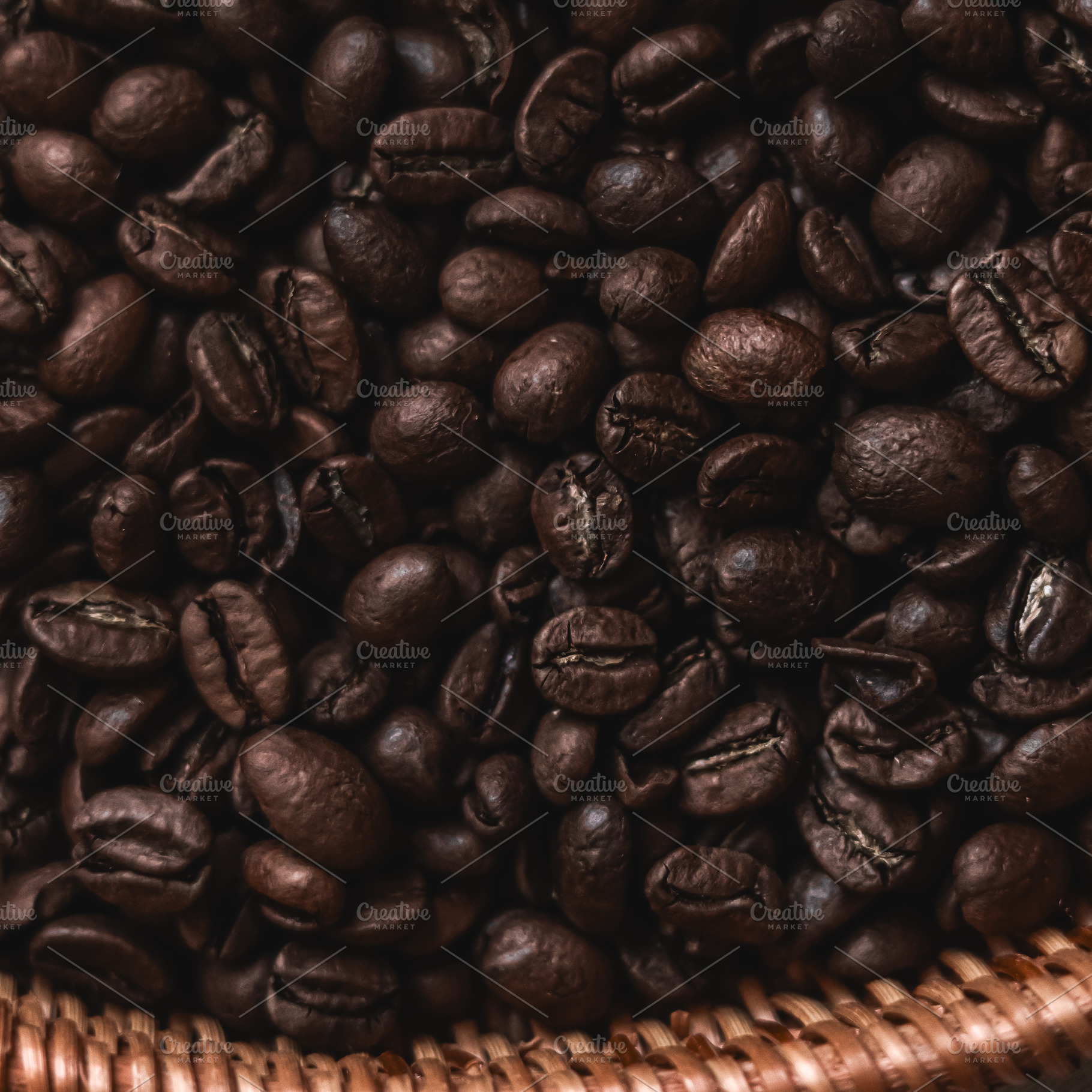 Roasted coffee beans filling a woven basket, creating an invitin, a Photo by Studio ANNA