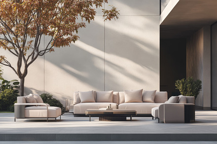 Luxurious Outdoor Living Space with Garden Backdrop, an Abstract Photo by Natalia Klenova's Shop