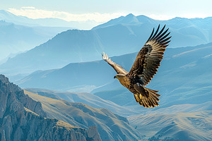 An impressive eagle flies with sprea, a Photo by LOGOCREATIVE