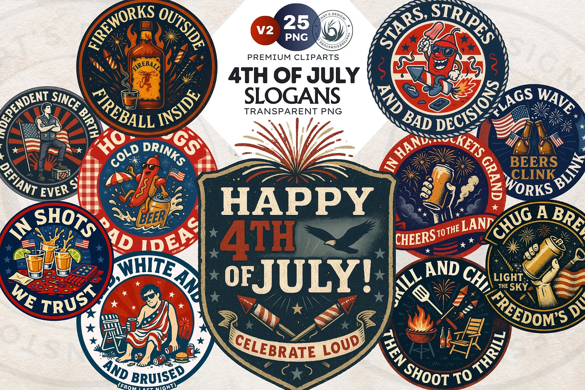 Fourth of July party Slogans PNG V2, a Seasonal Illustration by ThatsDesignArt (Photo 1 of 10)