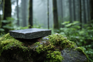 Dark stone slab on mossy rock in mis, a Photo by Pixeness Studio