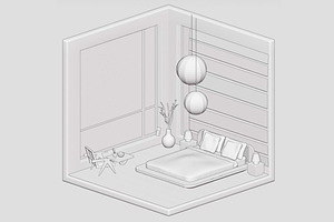 3D Model Isometric Japandi Bedroom