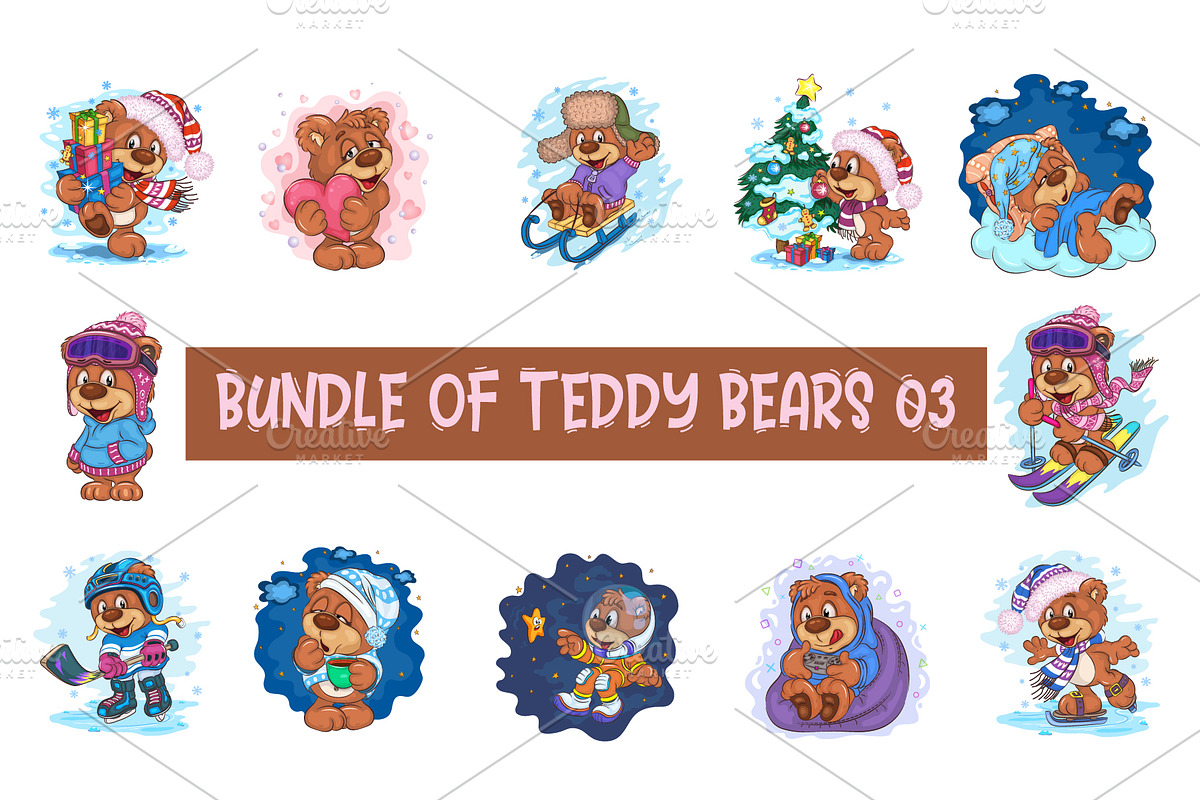Set of Cartoon Teddy Bears 03., an Animal Illustration by KENO Mascots (Photo 1 of 13)