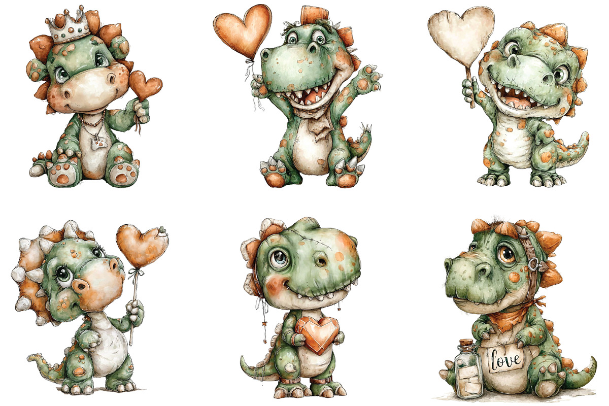 Whimsical Dinosaur Valentine Clipart, an Illustration by CraftArtStudio (Photo 3 of 6)