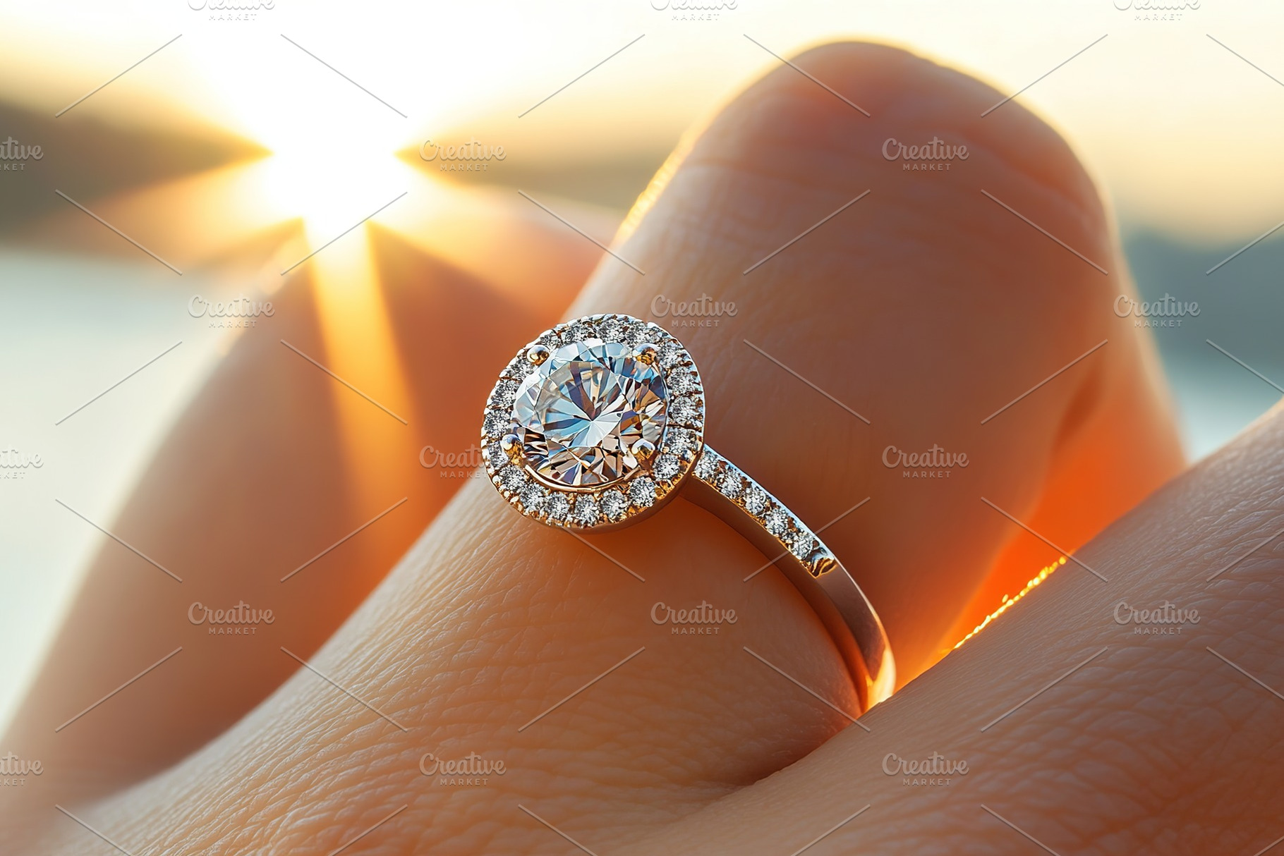 Sparkling ring on woman's finger glistens in the sunset light by the water, a Beauty & Fashion Photo by AlyaAnd