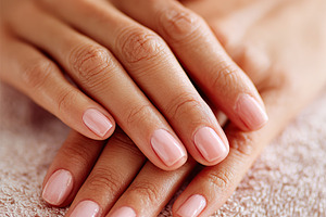 Women's hands with well-groomed nails resting on soft towel after manicure sess, a Beauty & Fashion Photo by AlyaAnd