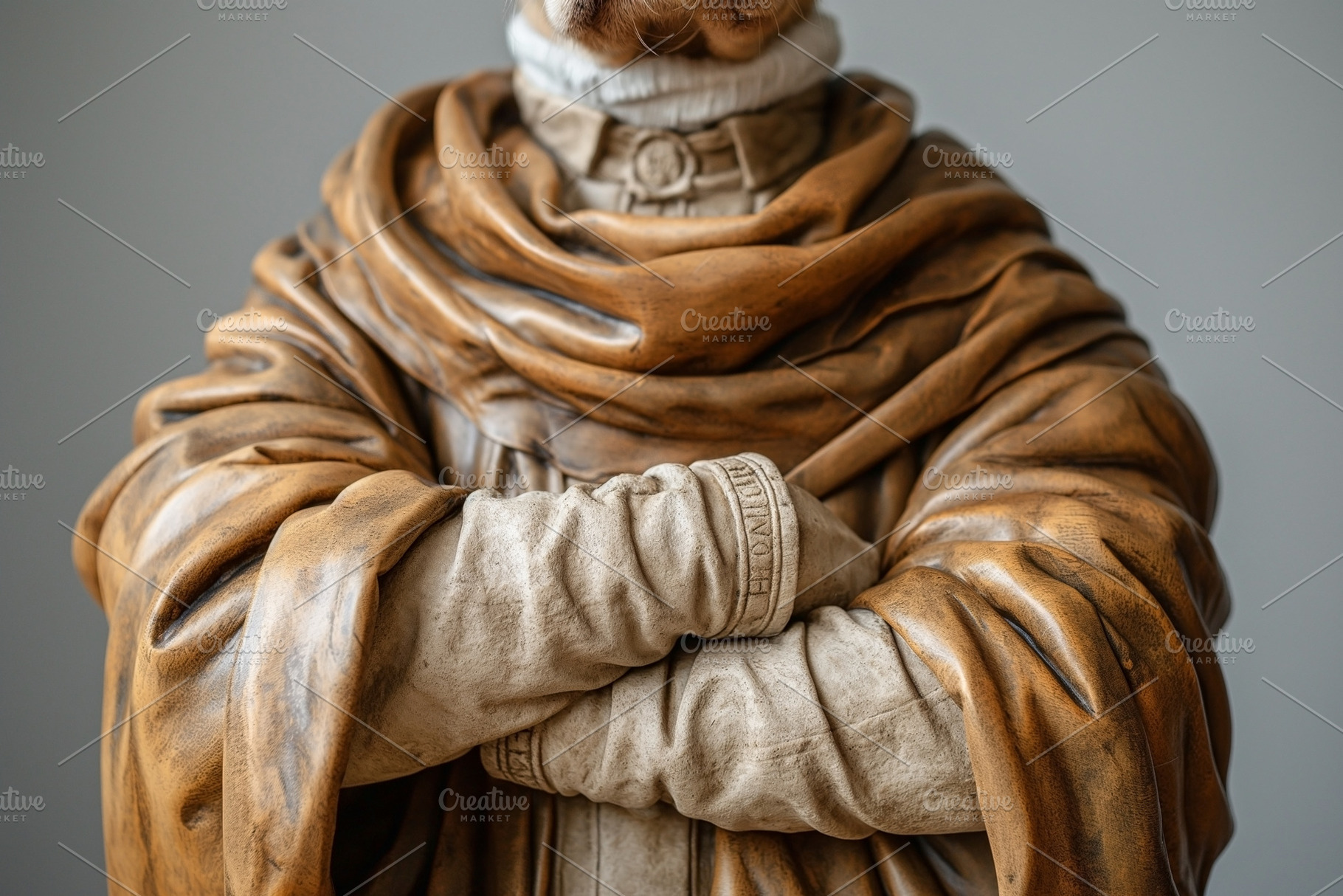 Intricate detail of a life-sized statue with textured robes and a solemn expres, an Animal Photo by ImageMir