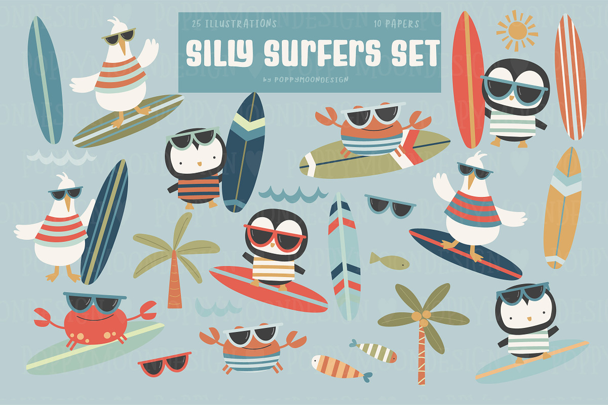 Silly Surfers clipart & paper set, an Illustration by Poppymoondesign (Photo 1 of 5)