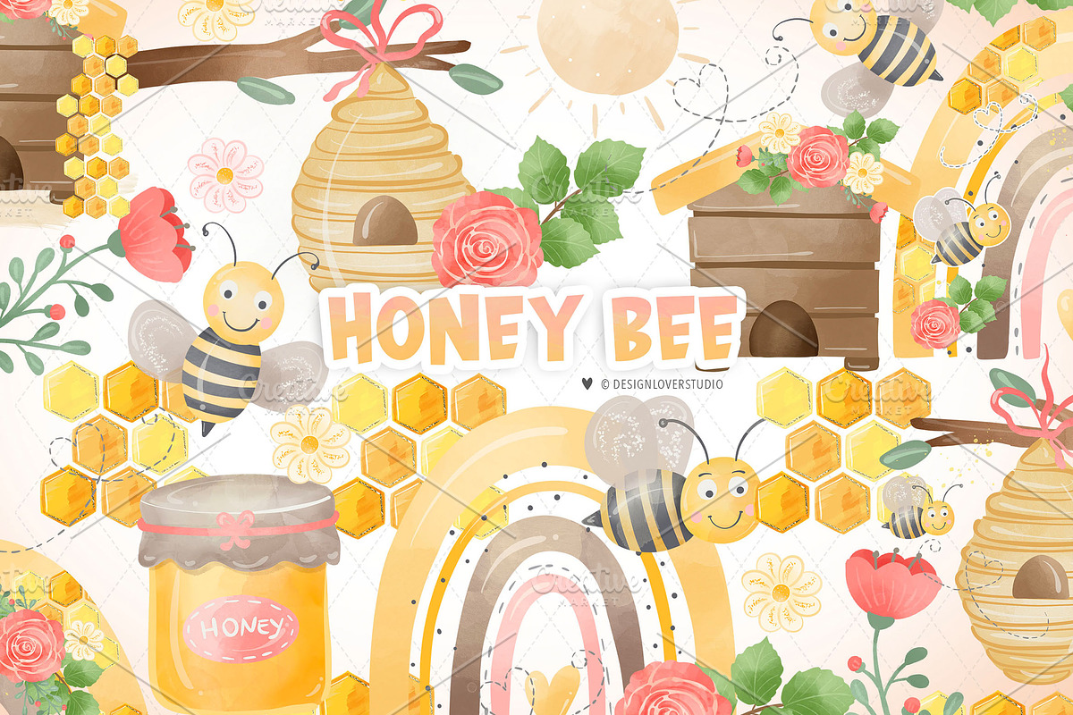 Watercolor Honey Bee Clipart, an Animal Illustration by designloverstudio (Photo 1 of 2)