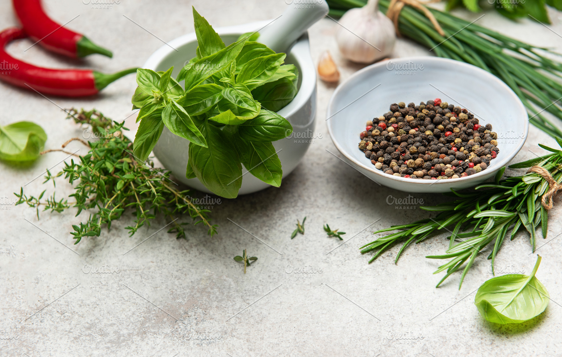 Fresh herbs and spices creating culinary masterpiece on table, a Food & Drink Photo by Olena Rudo